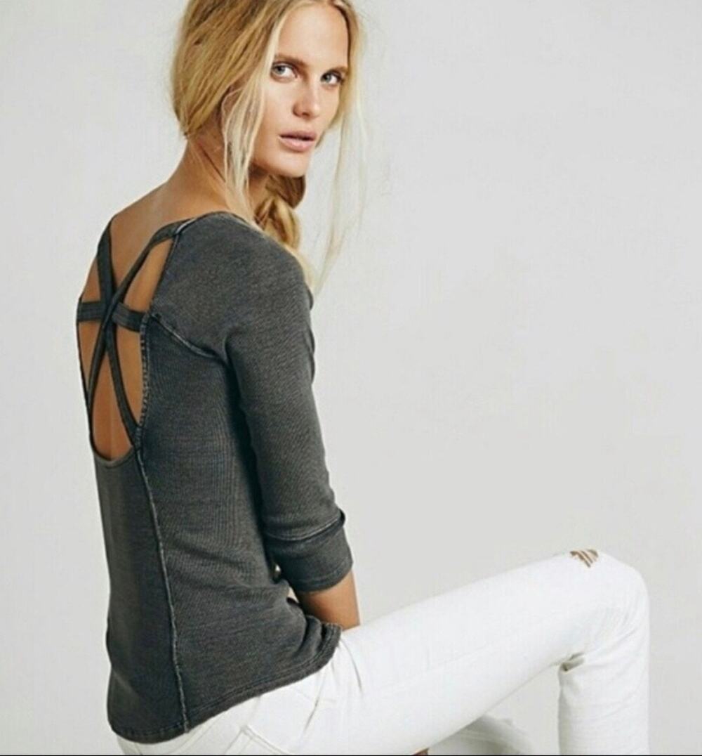 Free People FP Star Crossed Ribbed Knit Tee in distressed dark gray WOMENS XS